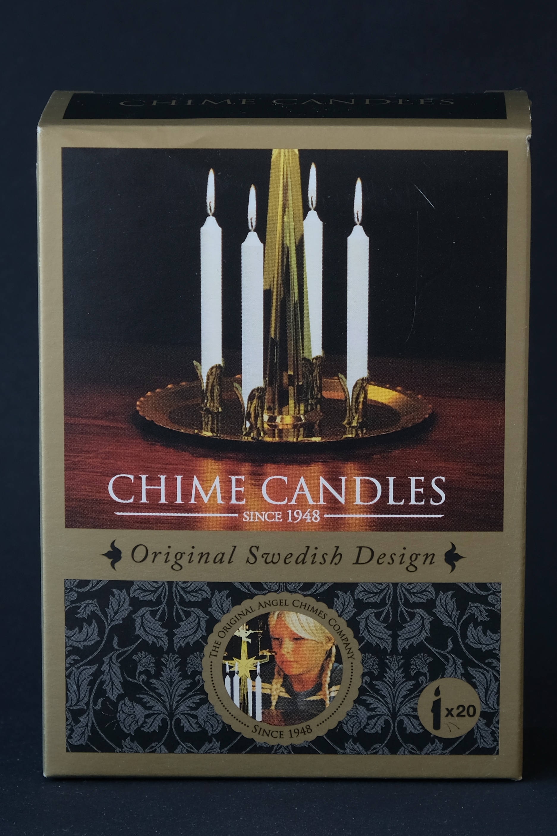 Box med texten 'CHIME CANDLES Original Swedish Design' och innehåller 20 st julgransjus